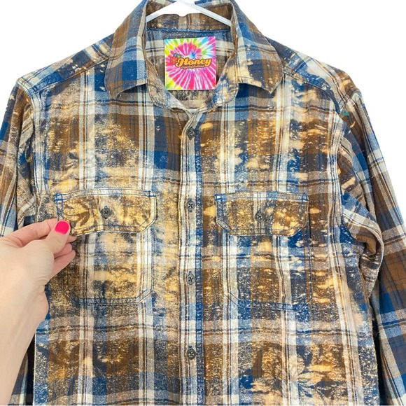 Handmade Boho Flannel Shirt Womens Small Stencil Splatter Bleached Plaid Brown - Picture 3 of 8